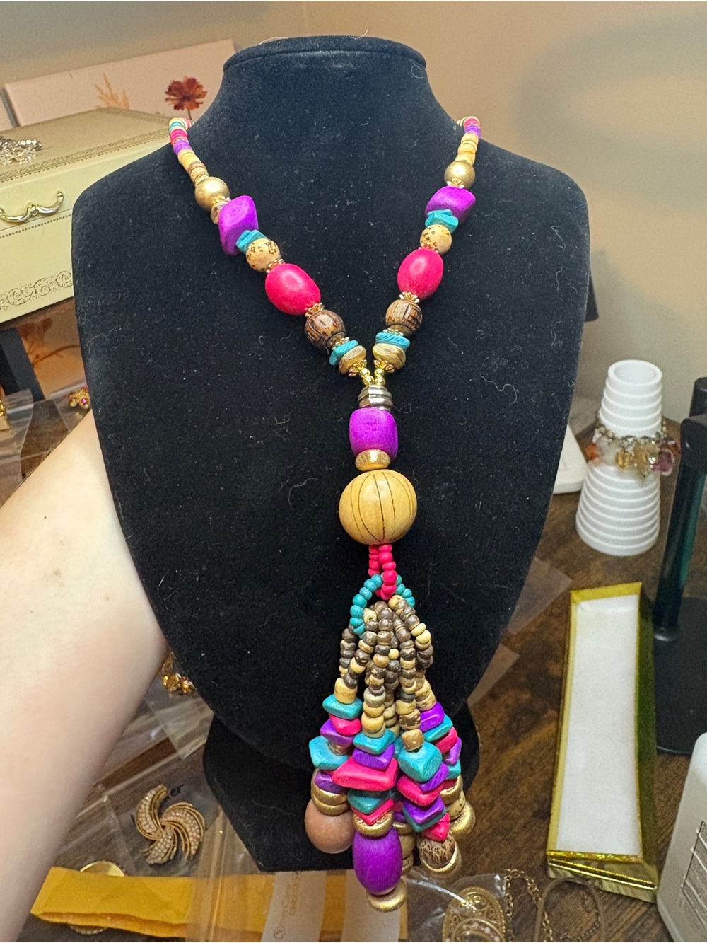 Boho Colorful Wood Bead Tassel Necklace 32” Statement Jewelry